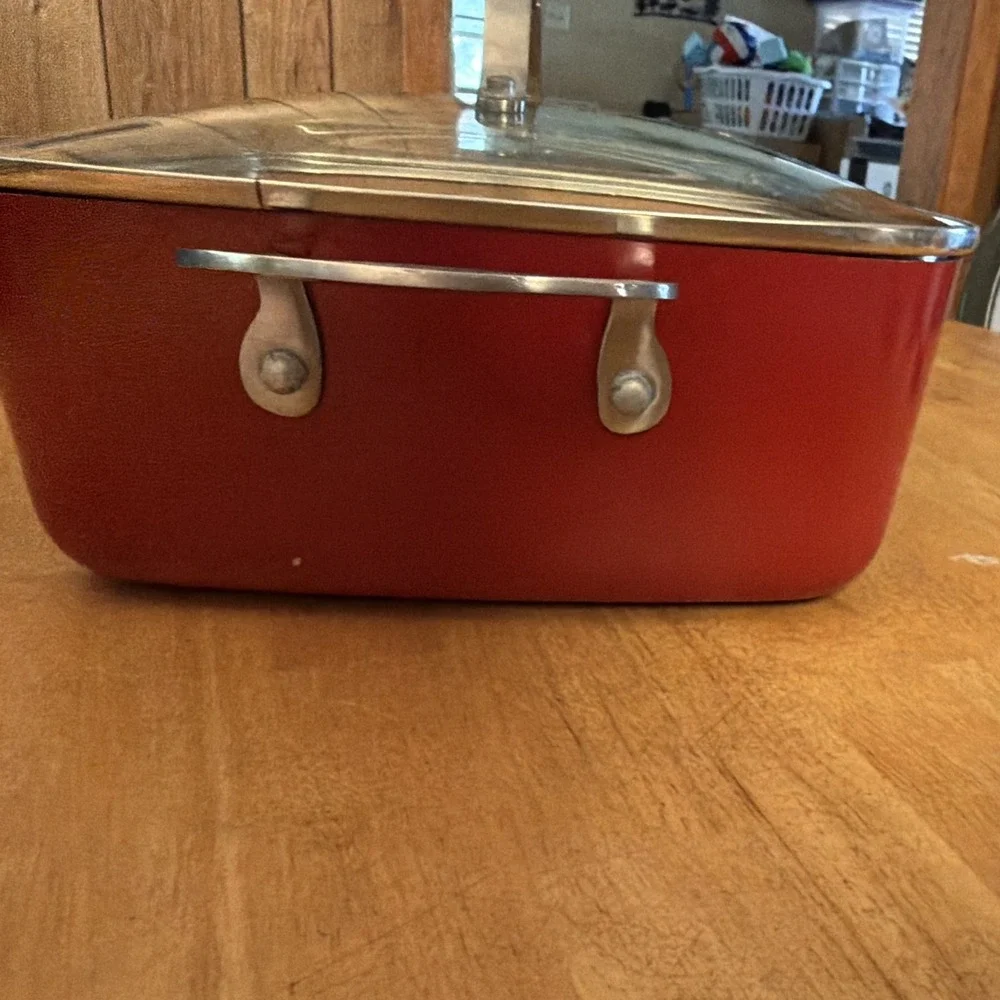 Red Copper Square Non-Stick Frying Pan Set w/ Lid & Fryer Basket, 3pc